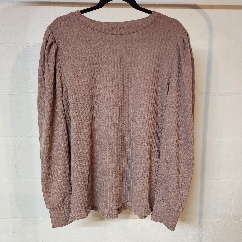 Women's Ribbed‎ Puff Sleeve Crew Neck Long Sleeve Top Size 2XL Autumn Mauve Soft